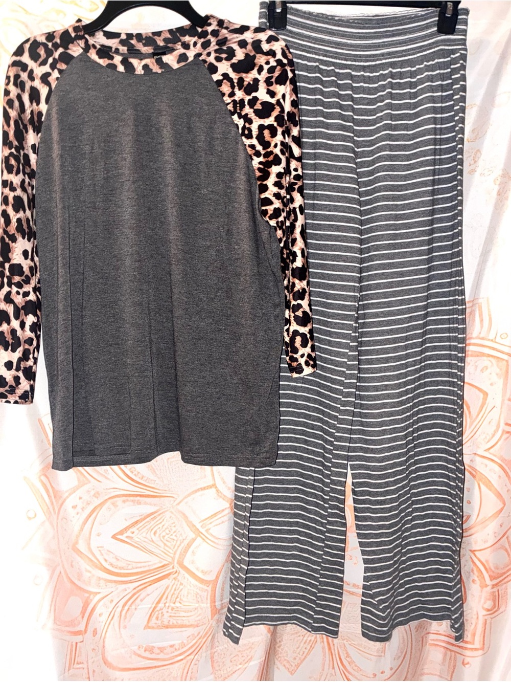 Women’s Gray & White Striped Pants w/ Leopard Raglan Tee